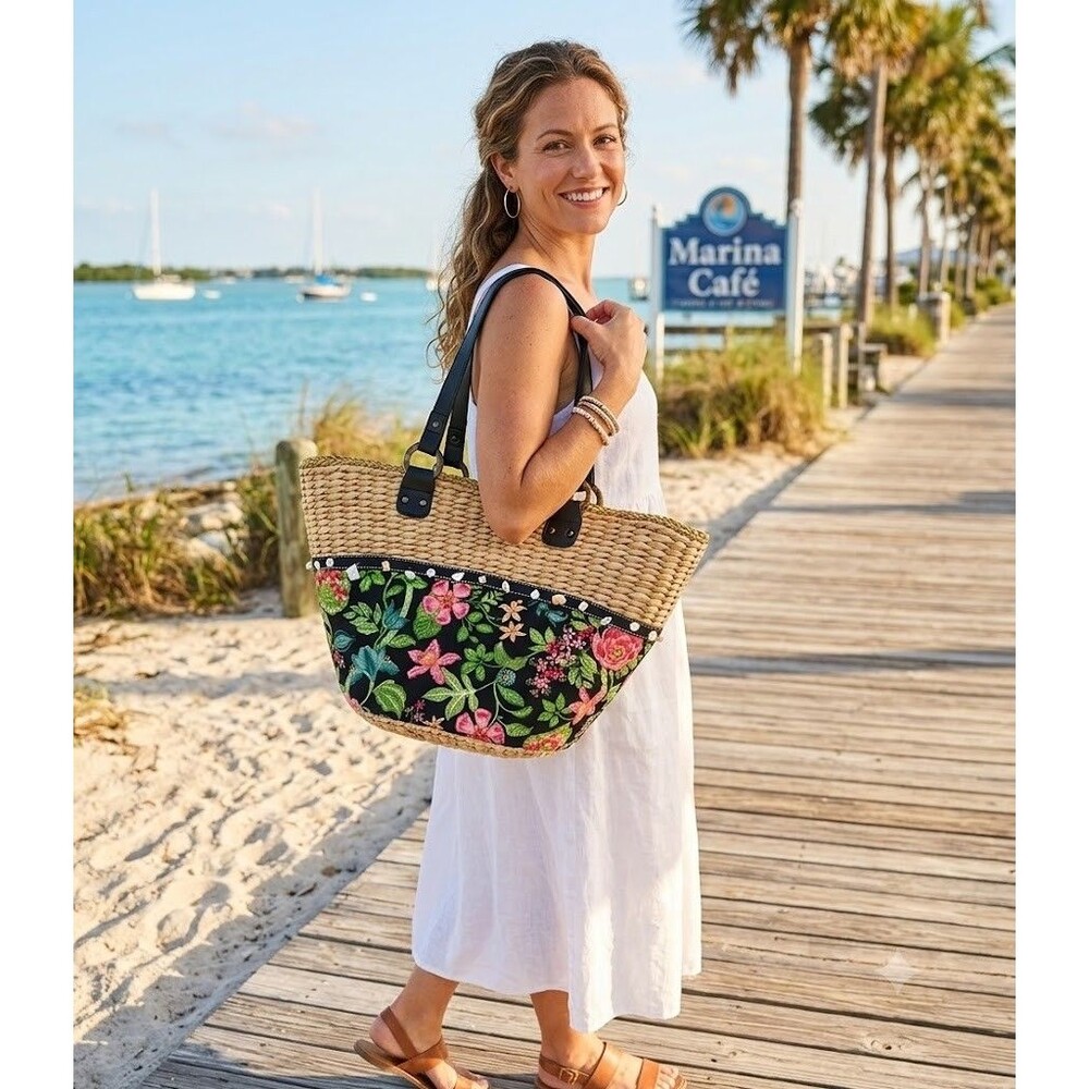 Woven Straw Hobo Tote with Black Floral Accent